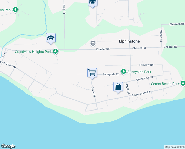 map of restaurants, bars, coffee shops, grocery stores, and more near Sunnyside Road in Gibsons