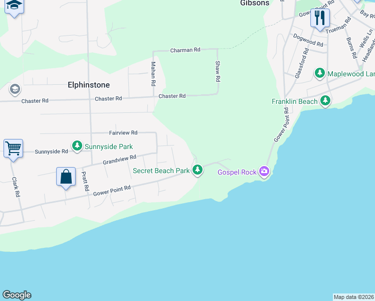 map of restaurants, bars, coffee shops, grocery stores, and more near in Gibsons