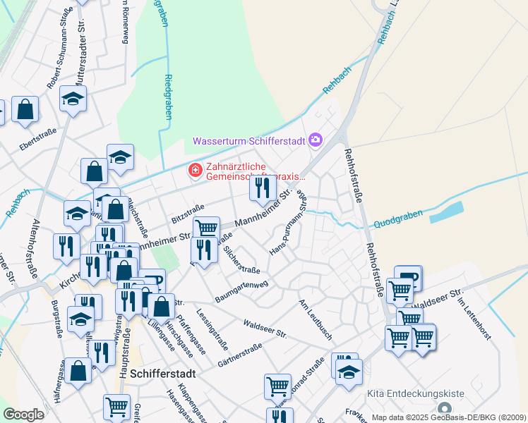 map of restaurants, bars, coffee shops, grocery stores, and more near 64 Mannheimer Straße in Schifferstadt