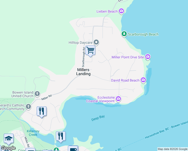 map of restaurants, bars, coffee shops, grocery stores, and more near 1222 Miller Road in Bowen Island