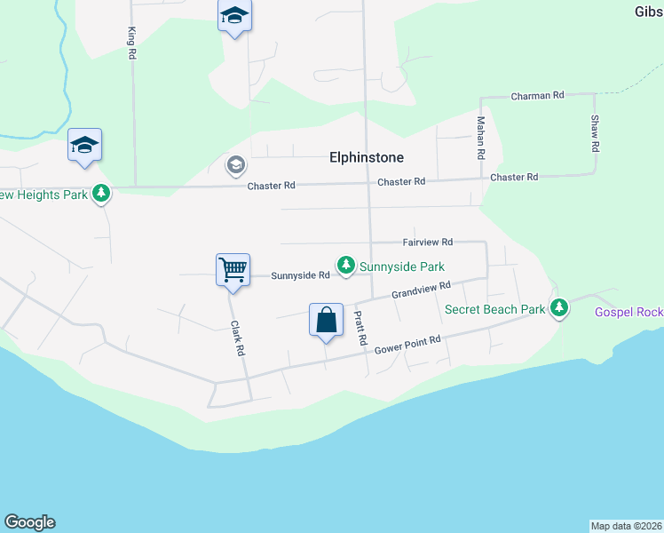 map of restaurants, bars, coffee shops, grocery stores, and more near 1112 Sunnyside Road in Gibsons