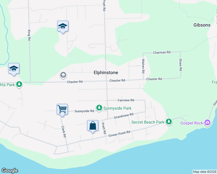 map of restaurants, bars, coffee shops, grocery stores, and more near 250 Pratt Road in Gibsons