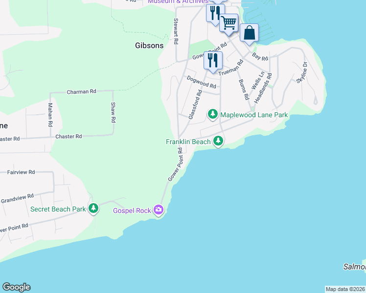 map of restaurants, bars, coffee shops, grocery stores, and more near in Gibsons