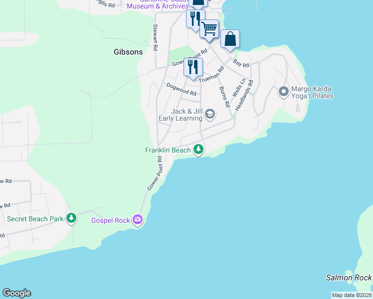 map of restaurants, bars, coffee shops, grocery stores, and more near 735 Franklin Road in Gibsons