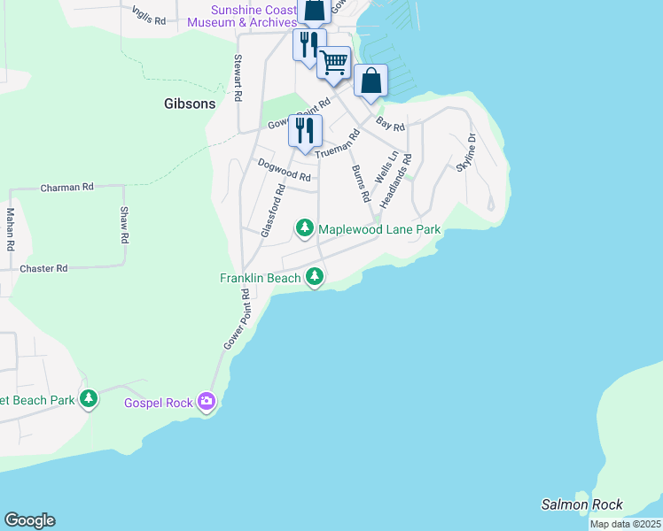 map of restaurants, bars, coffee shops, grocery stores, and more near 699 Franklin Road in Gibsons