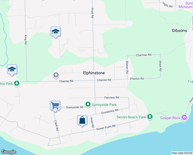 map of restaurants, bars, coffee shops, grocery stores, and more near 250 Pratt Road in Gibsons