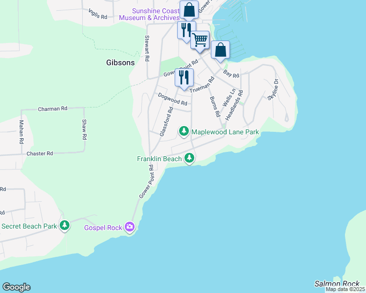 map of restaurants, bars, coffee shops, grocery stores, and more near 722 Franklin Road in Gibsons
