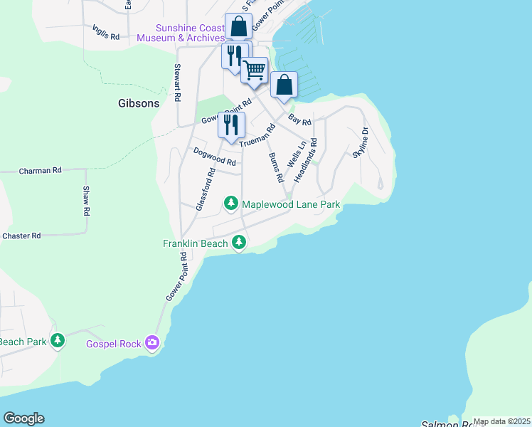 map of restaurants, bars, coffee shops, grocery stores, and more near 682 Franklin Road in Gibsons