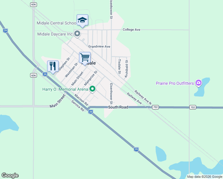 map of restaurants, bars, coffee shops, grocery stores, and more near 817 Railway Avenue in Midale