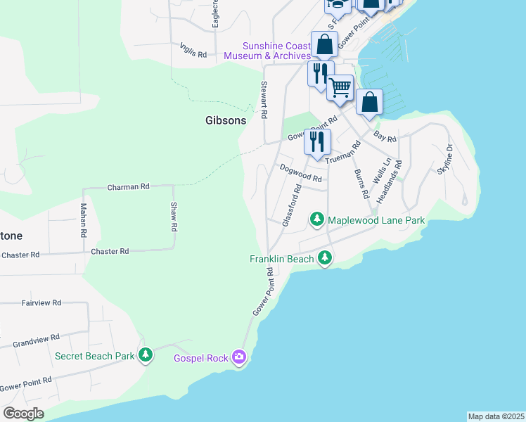 map of restaurants, bars, coffee shops, grocery stores, and more near 642 Gower Point Road in Gibsons