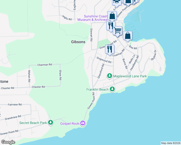 map of restaurants, bars, coffee shops, grocery stores, and more near 654 Gower Point Road in Gibsons