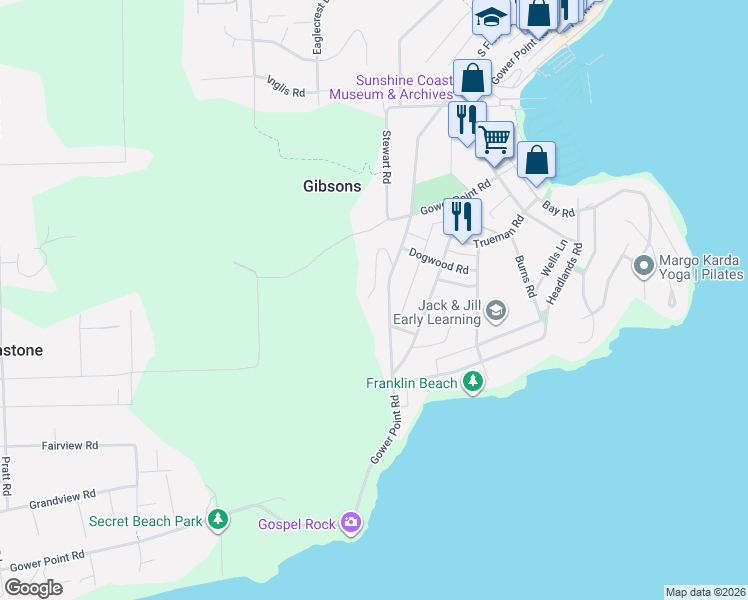 map of restaurants, bars, coffee shops, grocery stores, and more near 825 Bayview Heights Road in Gibsons