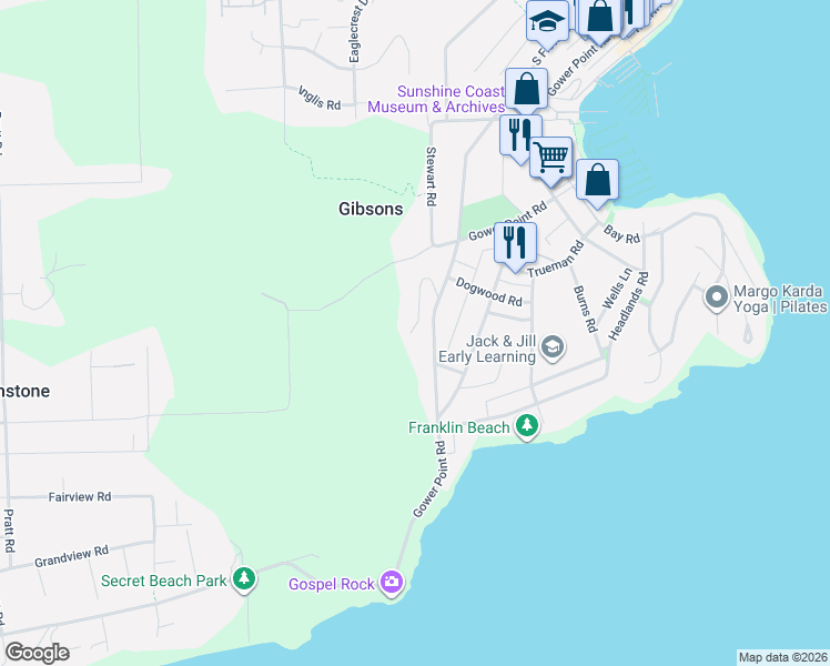 map of restaurants, bars, coffee shops, grocery stores, and more near 825 Bayview Heights Road in Gibsons