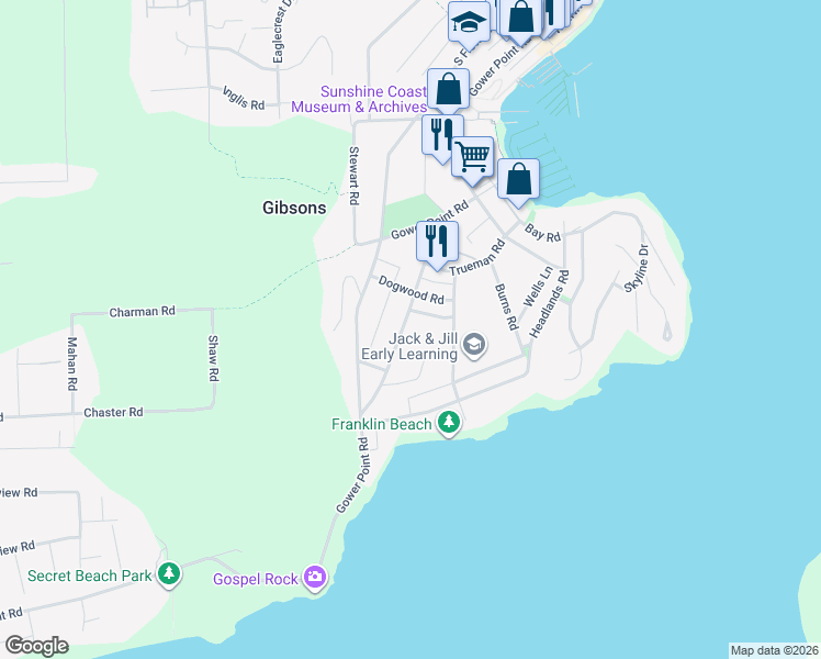 map of restaurants, bars, coffee shops, grocery stores, and more near 304 Glassford Road in Gibsons