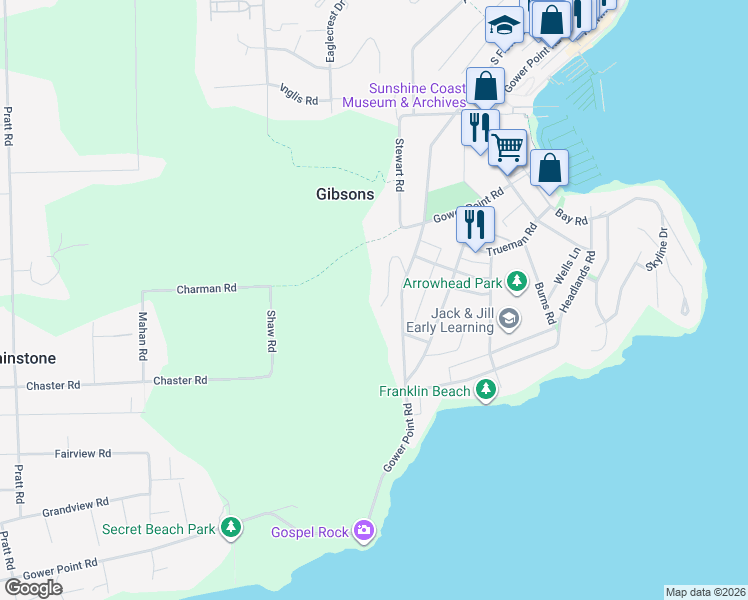 map of restaurants, bars, coffee shops, grocery stores, and more near 812 Bayview Heights Road in Gibsons