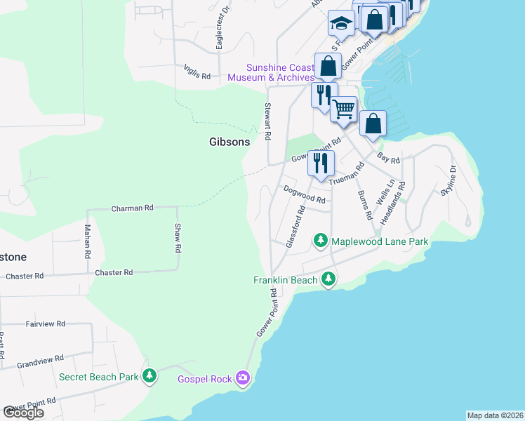 map of restaurants, bars, coffee shops, grocery stores, and more near 813 Bayview Heights Road in Gibsons