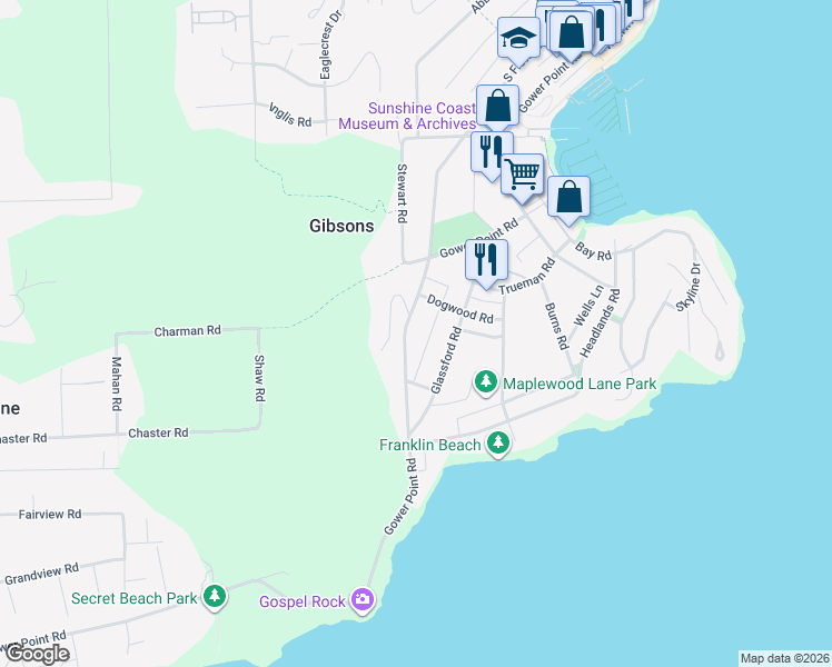 map of restaurants, bars, coffee shops, grocery stores, and more near 813 Bayview Heights Road in Gibsons