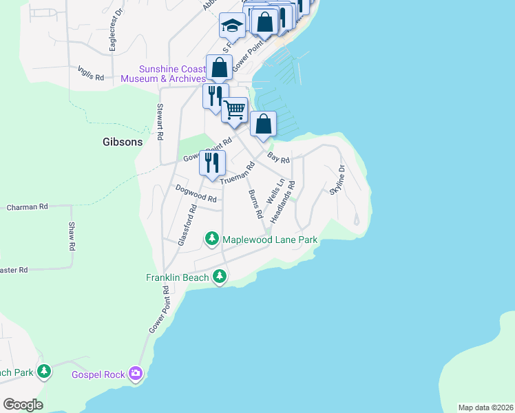 map of restaurants, bars, coffee shops, grocery stores, and more near 318 Burns Road in Gibsons
