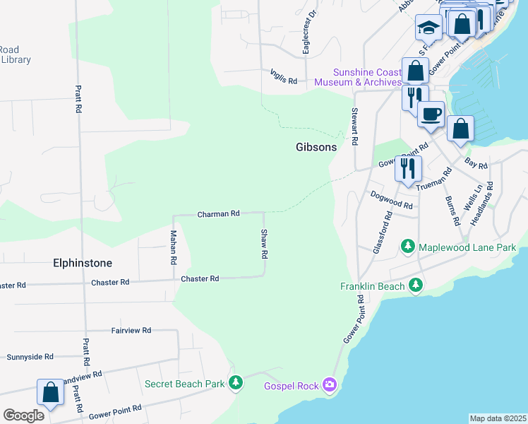 map of restaurants, bars, coffee shops, grocery stores, and more near Charman Road in Gibsons