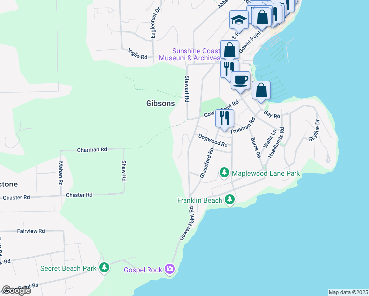 map of restaurants, bars, coffee shops, grocery stores, and more near 813 Bayview Heights Road in Gibsons