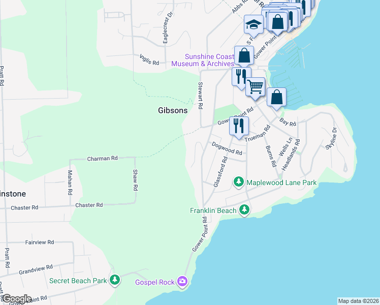 map of restaurants, bars, coffee shops, grocery stores, and more near 808 Bayview Heights Road in Gibsons