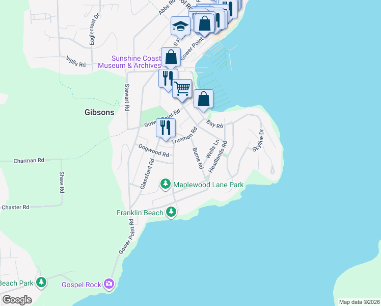 map of restaurants, bars, coffee shops, grocery stores, and more near 329 Burns Road in Gibsons