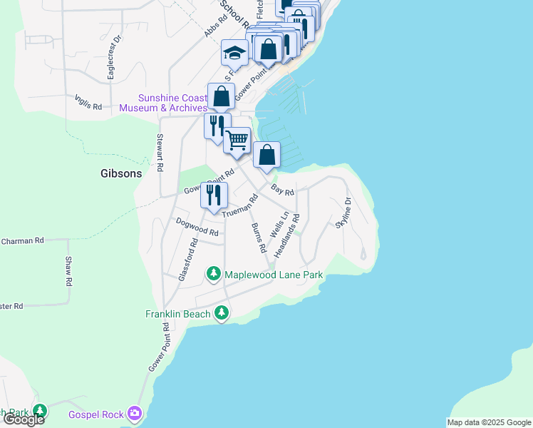 map of restaurants, bars, coffee shops, grocery stores, and more near 655 Dougall Road in Gibsons
