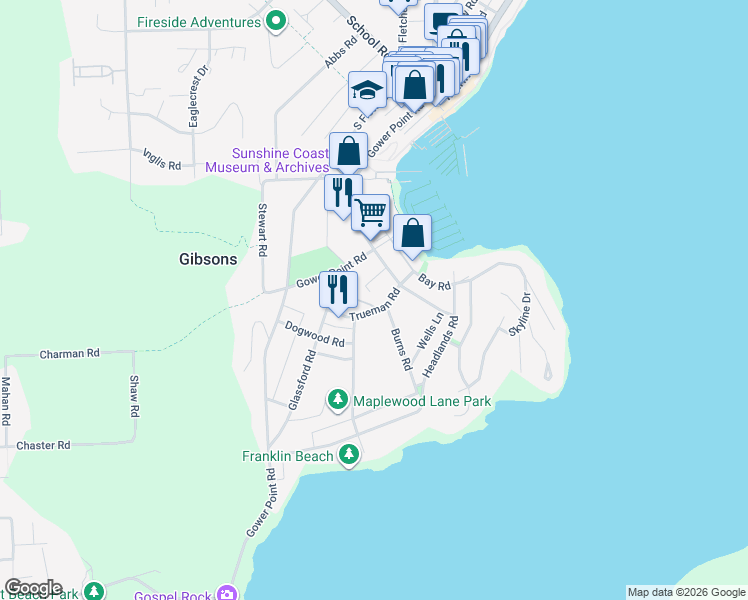 map of restaurants, bars, coffee shops, grocery stores, and more near 696 Trueman Road in Gibsons