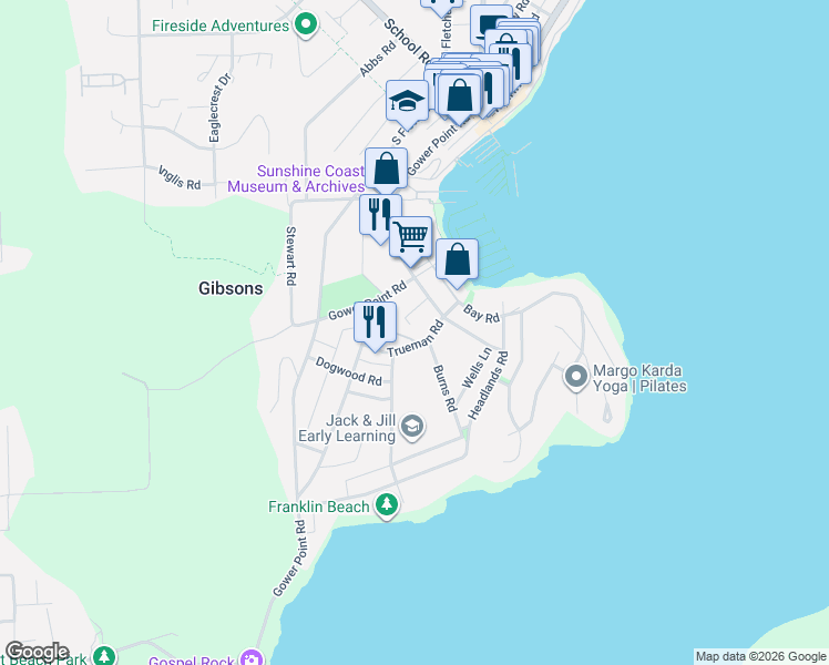 map of restaurants, bars, coffee shops, grocery stores, and more near 696 Trueman Road in Gibsons