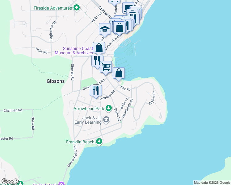 map of restaurants, bars, coffee shops, grocery stores, and more near 673 Dougall Road in Gibsons