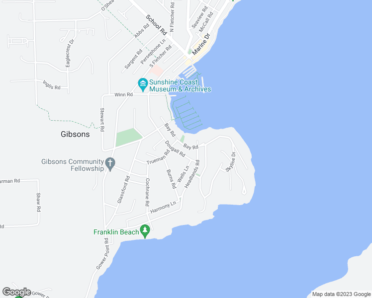 map of restaurants, bars, coffee shops, grocery stores, and more near 647 Bay Road in Gibsons