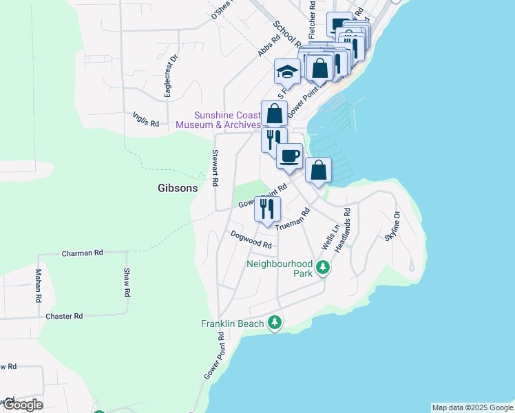 map of restaurants, bars, coffee shops, grocery stores, and more near 535 Gower Point Road in Gibsons