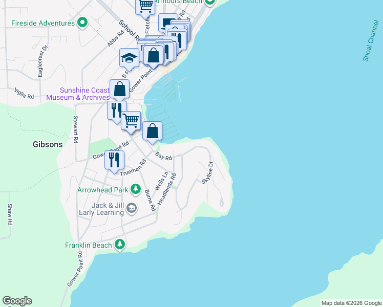 map of restaurants, bars, coffee shops, grocery stores, and more near 401 Skyline Drive in Gibsons