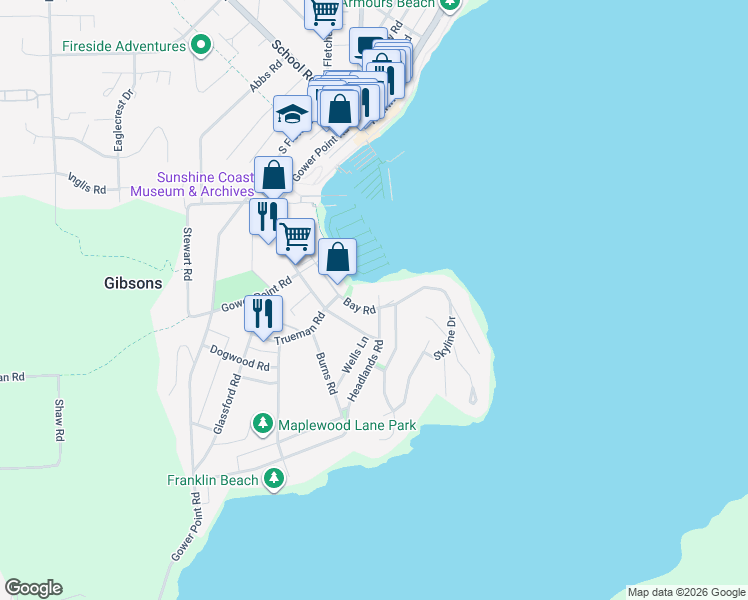 map of restaurants, bars, coffee shops, grocery stores, and more near 636 Bay Road in Gibsons