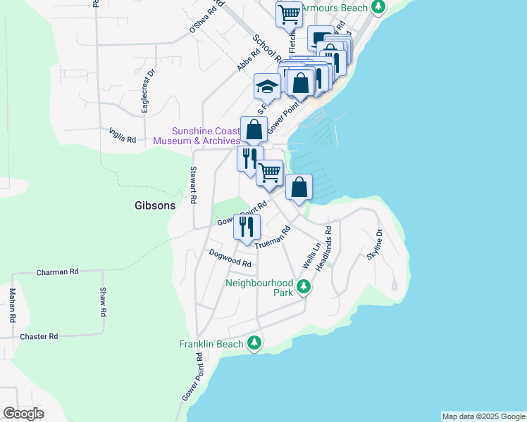 map of restaurants, bars, coffee shops, grocery stores, and more near 505 Gower Point Road in Gibsons