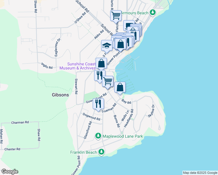 map of restaurants, bars, coffee shops, grocery stores, and more near 505 Gower Point Road in Gibsons