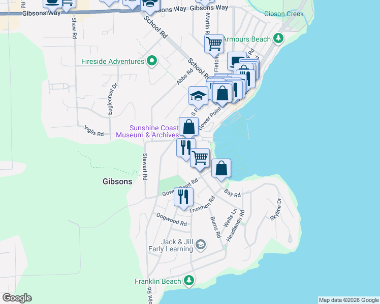 map of restaurants, bars, coffee shops, grocery stores, and more near 414 Gower Point Road in Gibsons