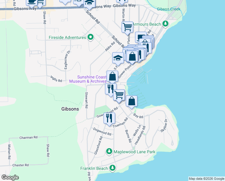 map of restaurants, bars, coffee shops, grocery stores, and more near 397 Gower Point Road in Gibsons