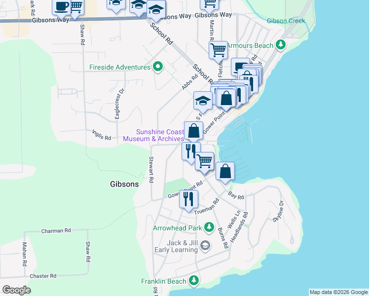 map of restaurants, bars, coffee shops, grocery stores, and more near 729 Winn Road in Gibsons