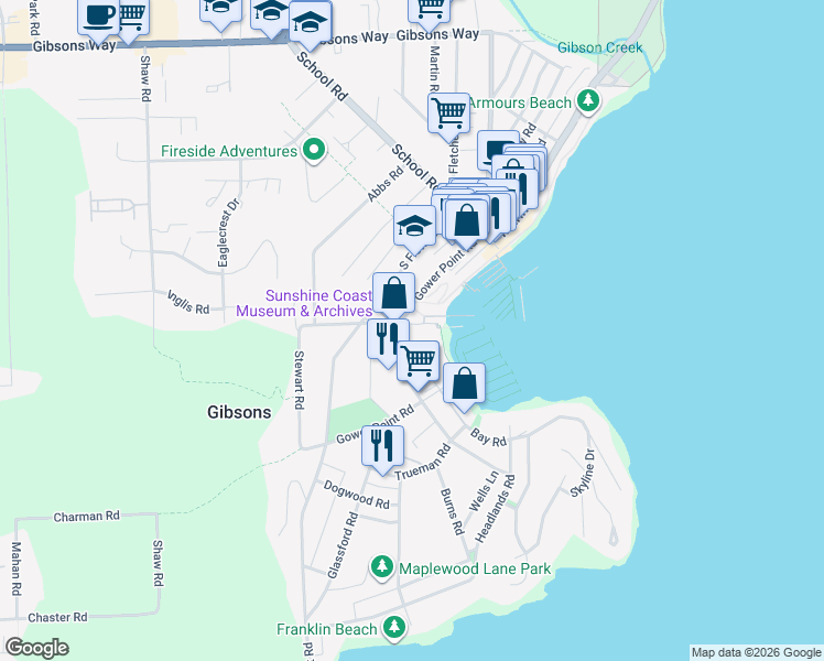 map of restaurants, bars, coffee shops, grocery stores, and more near 397 Gower Point Road in Gibsons
