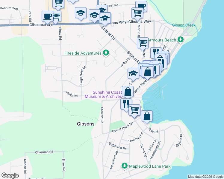 map of restaurants, bars, coffee shops, grocery stores, and more near 489 Sargent Road in Gibsons