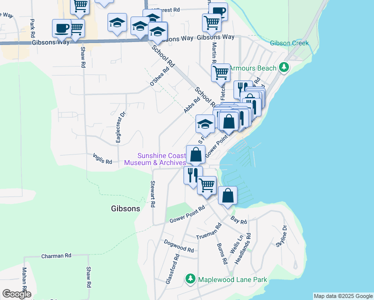 map of restaurants, bars, coffee shops, grocery stores, and more near 477 South Fletcher Road in Gibsons