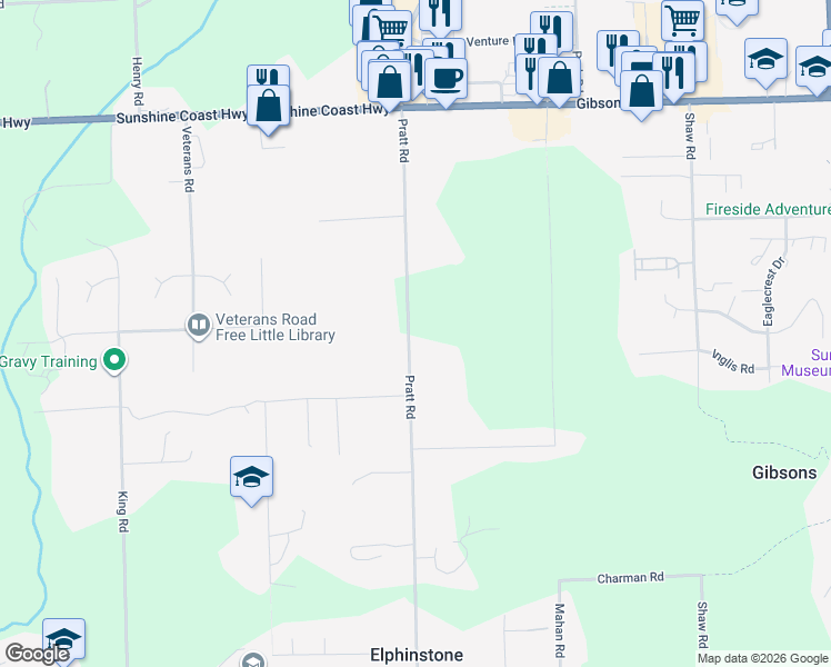map of restaurants, bars, coffee shops, grocery stores, and more near 490 Pratt Road in Gibsons