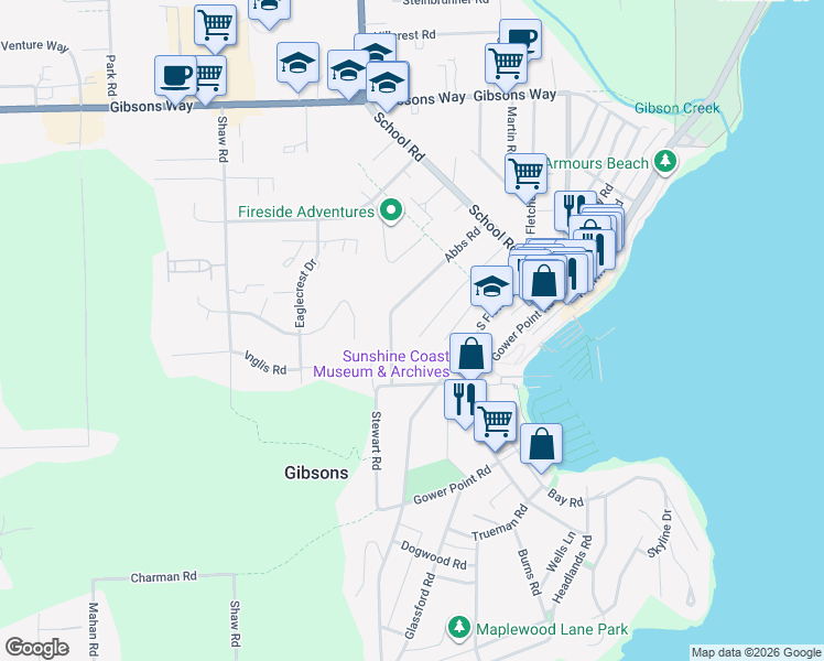 map of restaurants, bars, coffee shops, grocery stores, and more near 489 Sargent Road in Gibsons