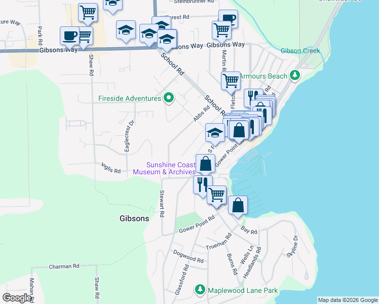 map of restaurants, bars, coffee shops, grocery stores, and more near 494 Sargent Road in Gibsons
