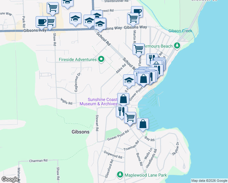 map of restaurants, bars, coffee shops, grocery stores, and more near 477 South Fletcher Road in Gibsons