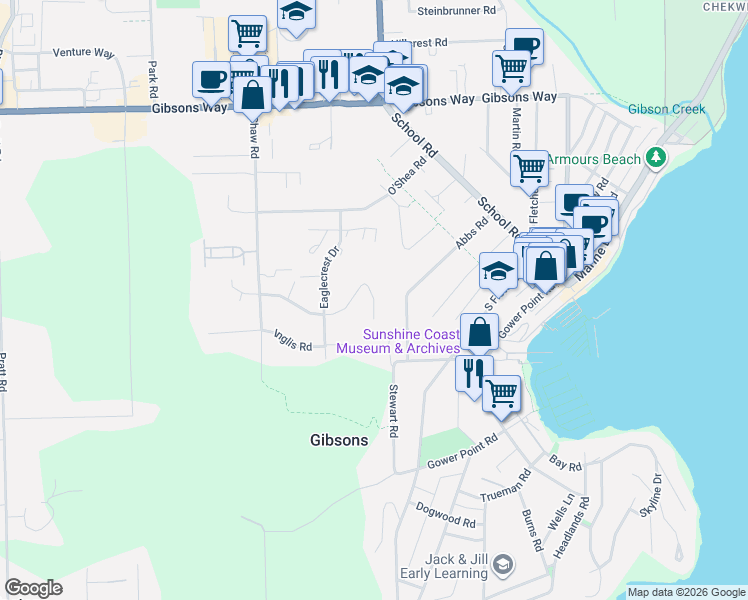 map of restaurants, bars, coffee shops, grocery stores, and more near Oceanmount Lane in Gibsons