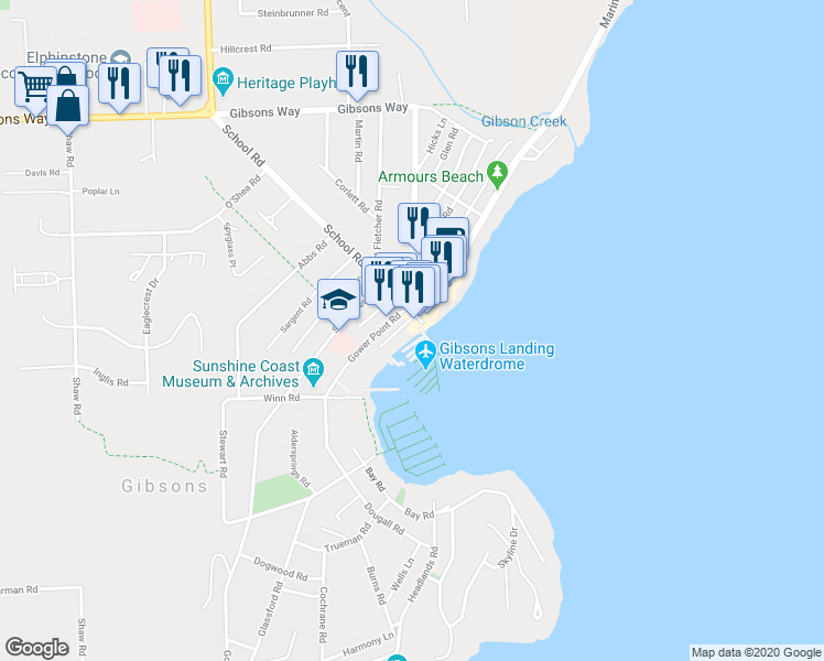 map of restaurants, bars, coffee shops, grocery stores, and more near 643 School Road in Gibsons
