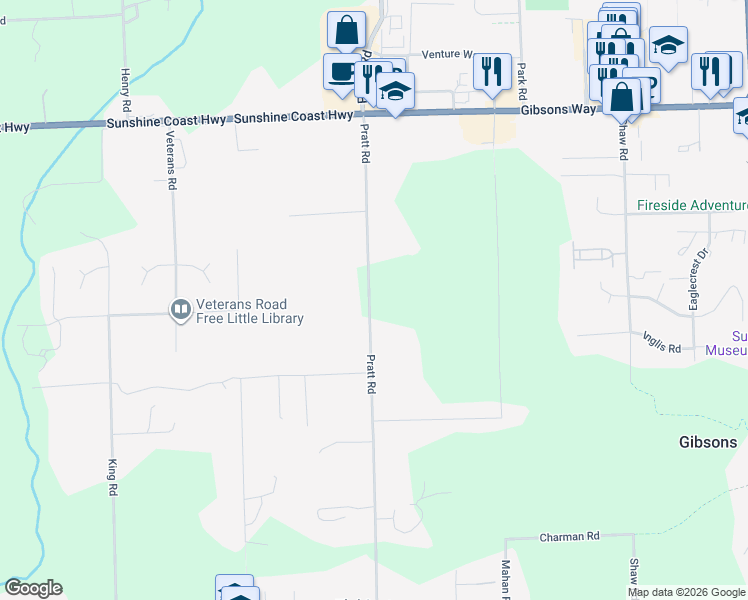 map of restaurants, bars, coffee shops, grocery stores, and more near 490 Pratt Road in Gibsons
