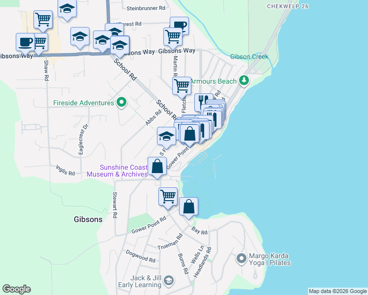 map of restaurants, bars, coffee shops, grocery stores, and more near 292 Gower Point Road in Gibsons